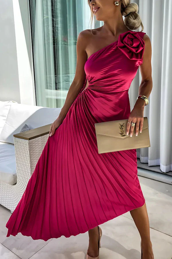 Heidi-Mode | Romantische Nächte Satin Erhabenes Blumen Elastisches Cutout Ein-Schulter Plissee Maxi Kleid - Image 7
