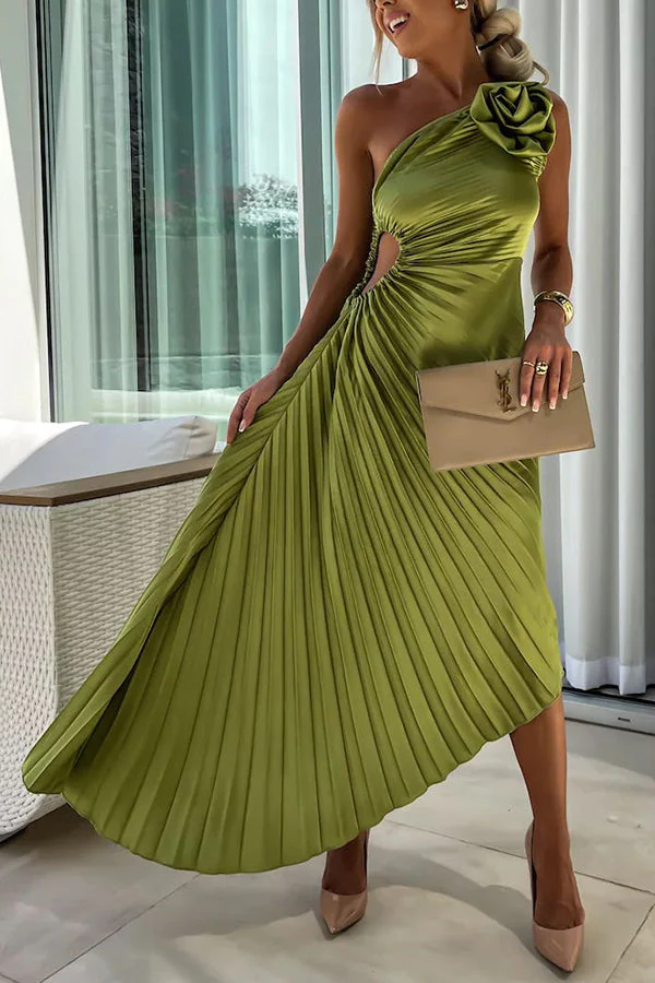 Heidi-Mode | Romantische Nächte Satin Erhabenes Blumen Elastisches Cutout Ein-Schulter Plissee Maxi Kleid - Image 8