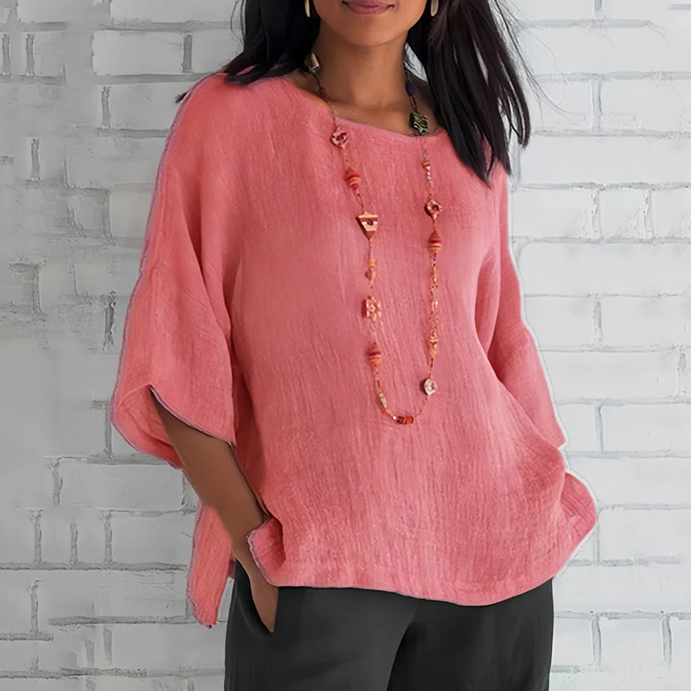 Heidi-Mode | Rosafarbenes, Lockeres Rundhals-Shirt mit 3/4-Ärmeln für Damen - Image 2