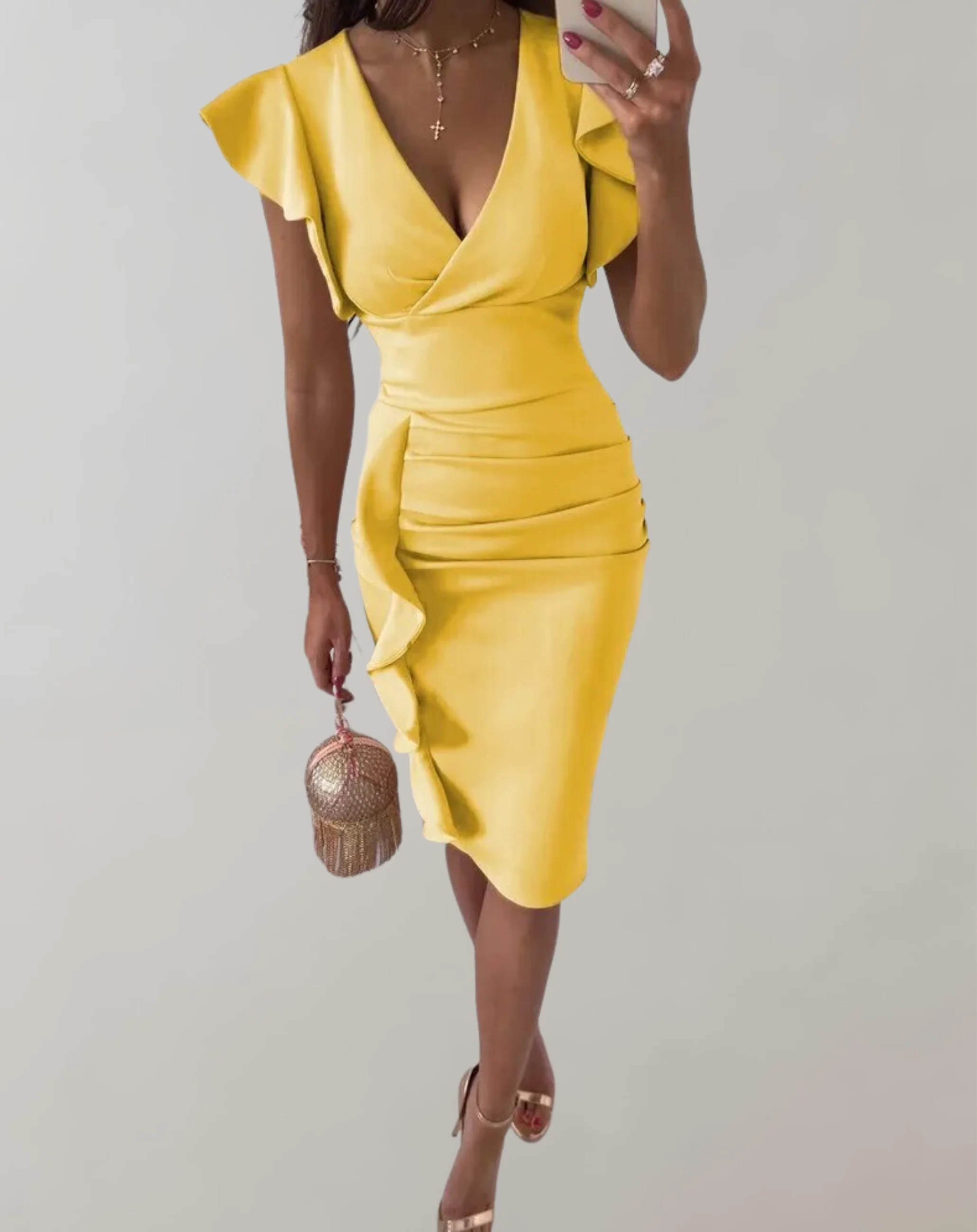 Heidi-Mode | Rüschen Fliegenärmel Hochtailliertes Kleid - Image 6