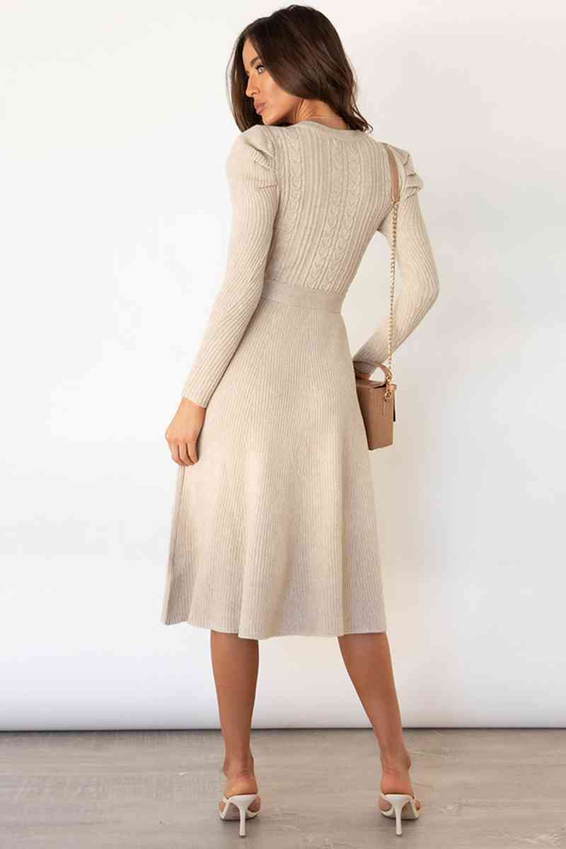 Heidi-Mode | Rundhalsausschnitt Langarm Knoten Taille Pullover Kleid