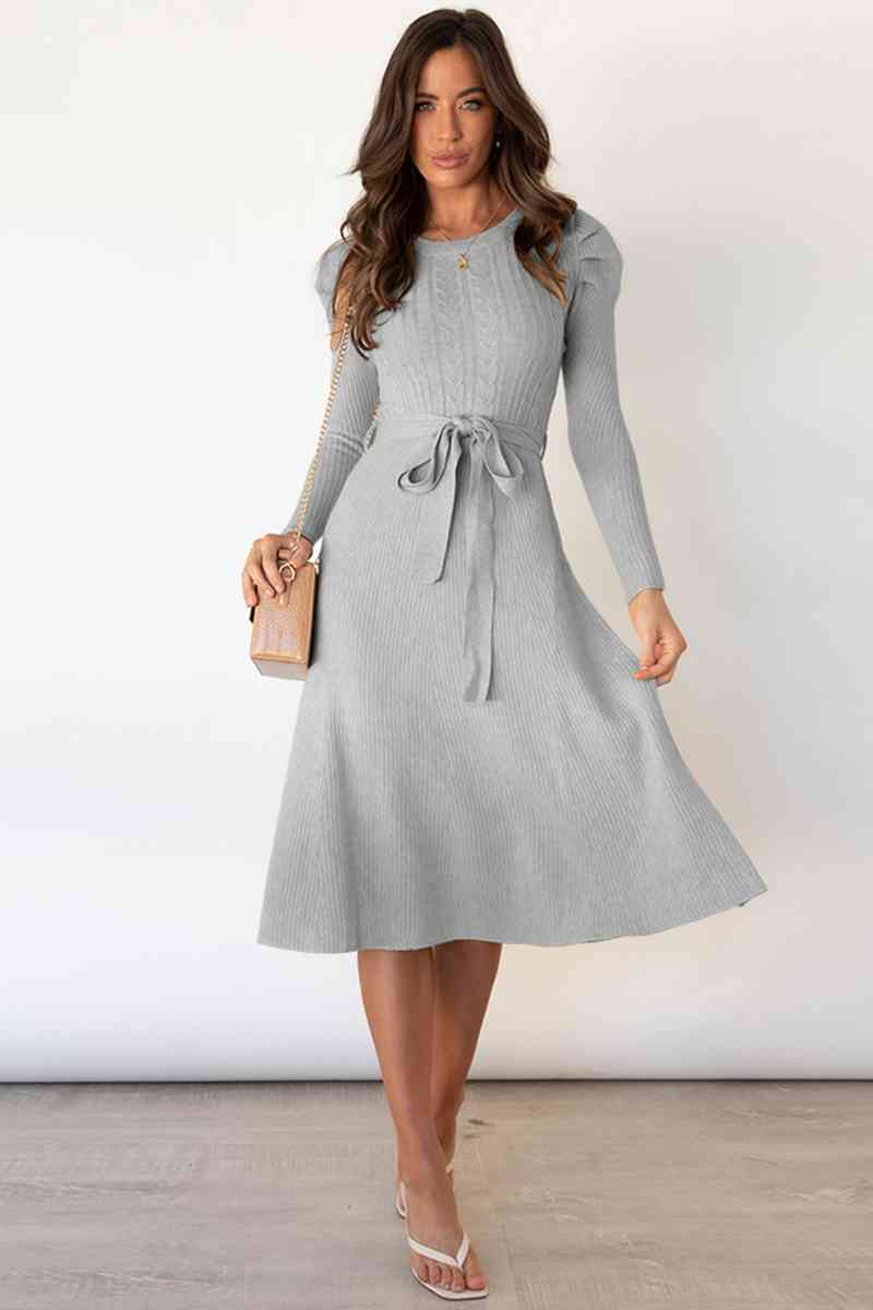 Heidi-Mode | Rundhalsausschnitt Langarm Knoten Taille Pullover Kleid - Image 14