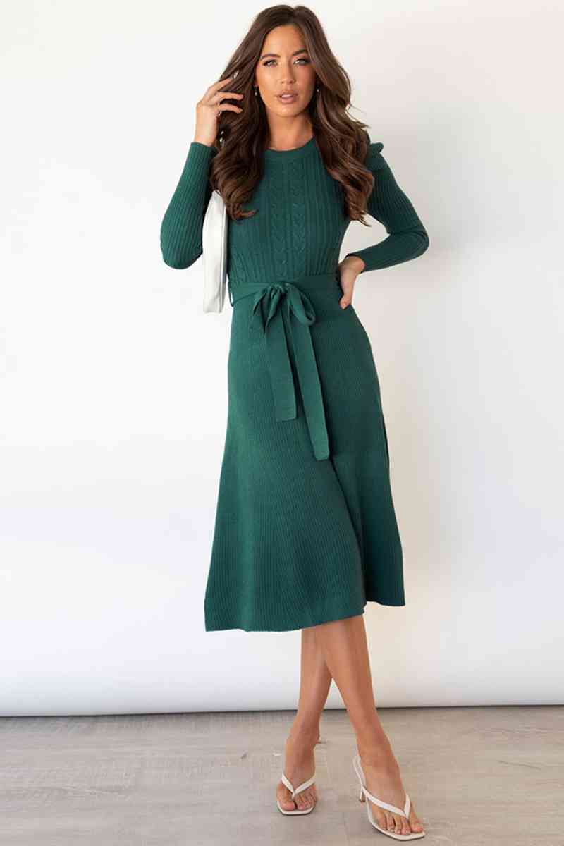 Heidi-Mode | Rundhalsausschnitt Langarm Knoten Taille Pullover Kleid - Image 15