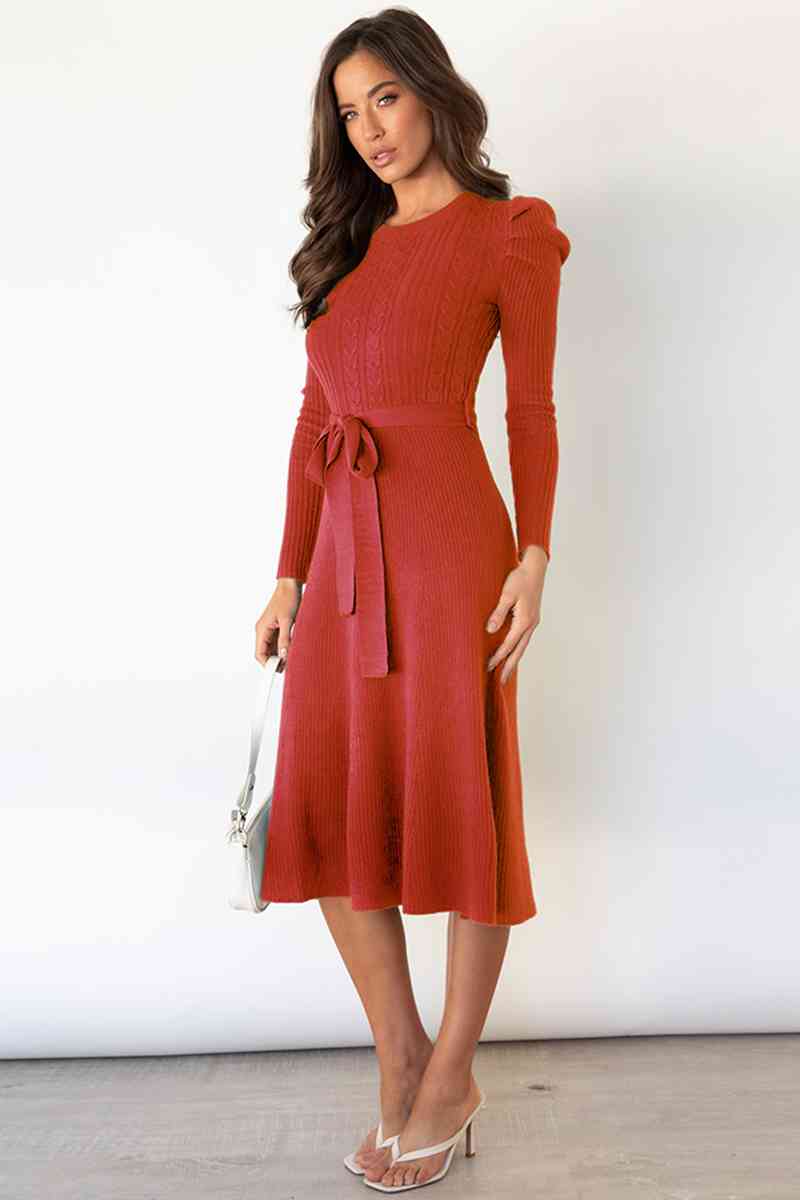 Heidi-Mode | Rundhalsausschnitt Langarm Knoten Taille Pullover Kleid - Image 5