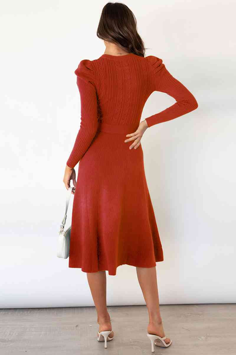 Heidi-Mode | Rundhalsausschnitt Langarm Knoten Taille Pullover Kleid - Image 6