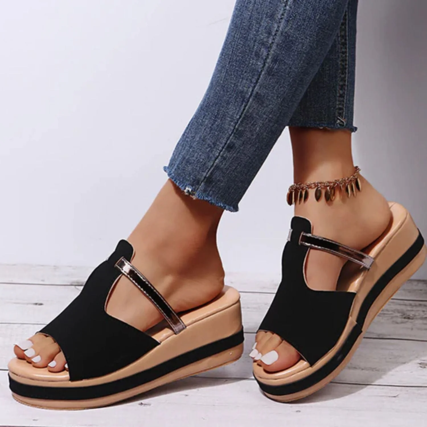 Heidi-Mode | Sandalen Zum Hineinschlüpfen mit Offener Spitze Stilvolle Keilsandalen Bequeme Damen