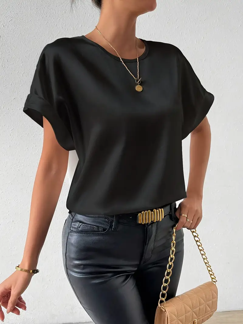 Heidi-Mode | Satin T-Shirt mit Umgeschlagenen Ärmeln für Damen - Image 11