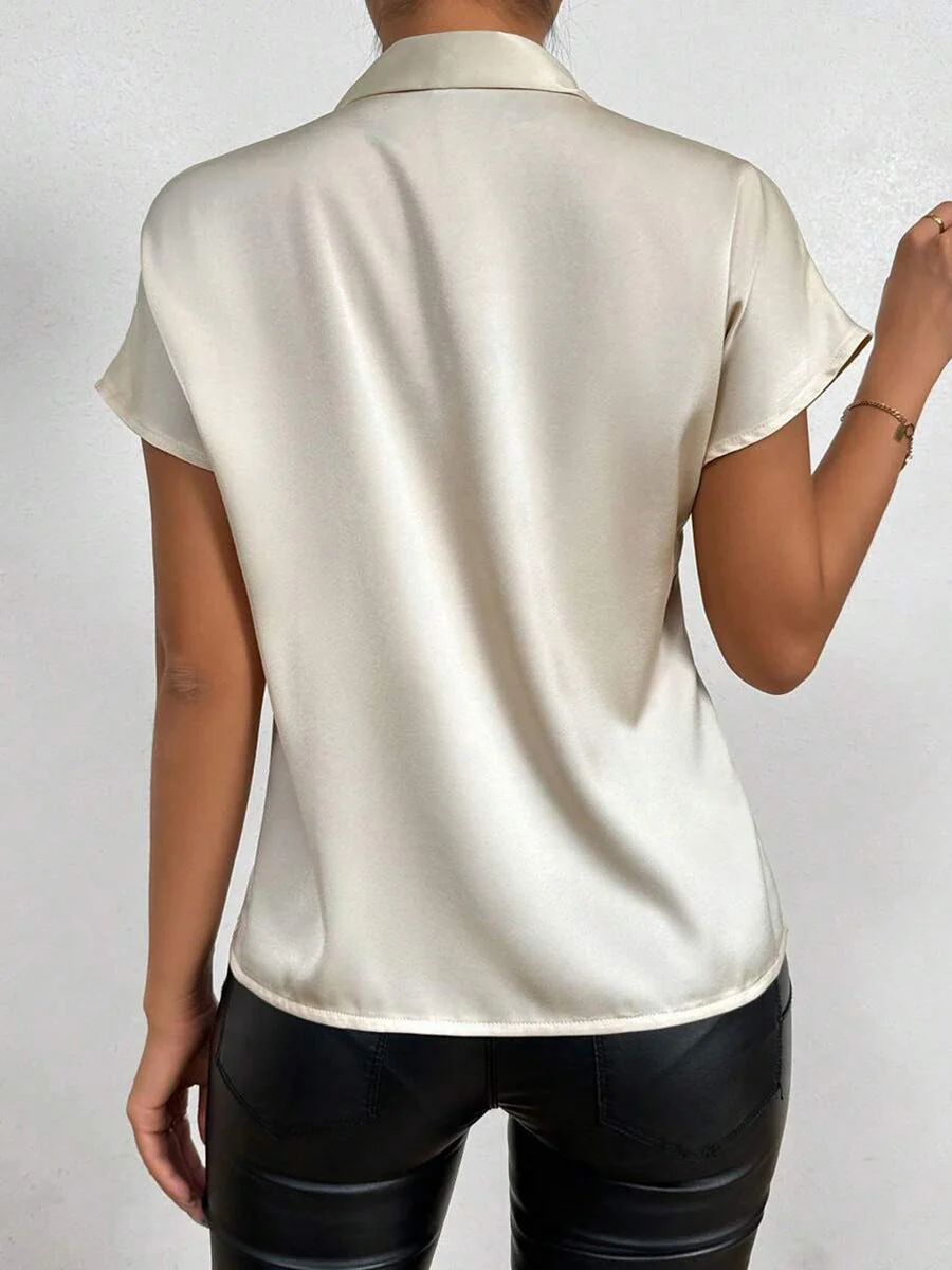 Heidi-Mode | Satinbluse Kurzarm Hoher Kragen mit Schleife Eleganter Entspannter Schnitt - Image 2
