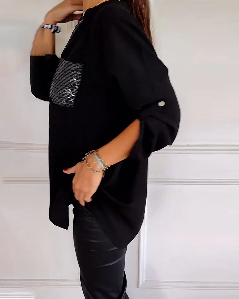 Heidi-Mode | Schicke Bluse mit Knopfleiste und Paillettenbesatz für Damen Elegante Langarmbluse mit Paillettentasche - Image 4