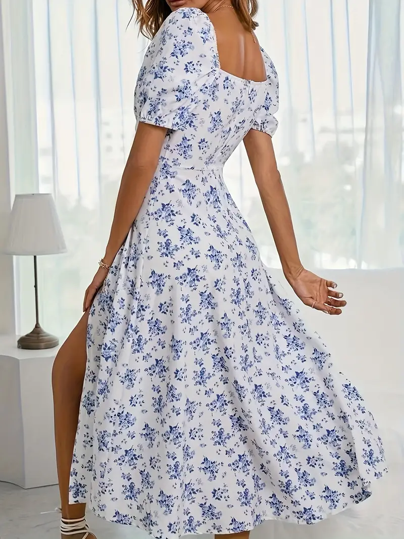 Heidi-Mode | Schickes Kleid mit Puffärmeln Im A-Linien-Stil mit Blumendruck