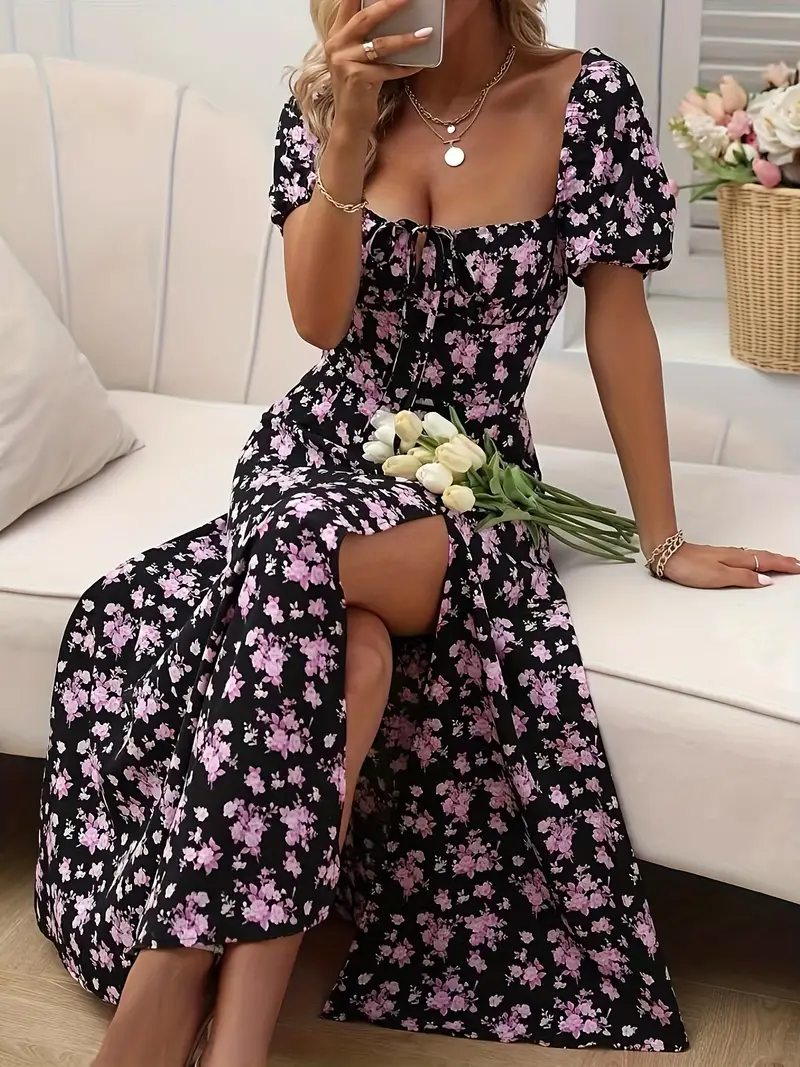Heidi-Mode | Schickes Kleid mit Puffärmeln Im A-Linien-Stil mit Blumendruck - Image 10