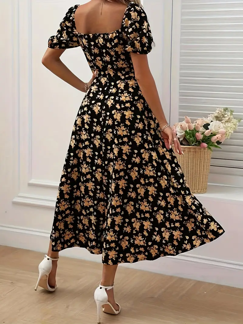 Heidi-Mode | Schickes Kleid mit Puffärmeln Im A-Linien-Stil mit Blumendruck - Image 7