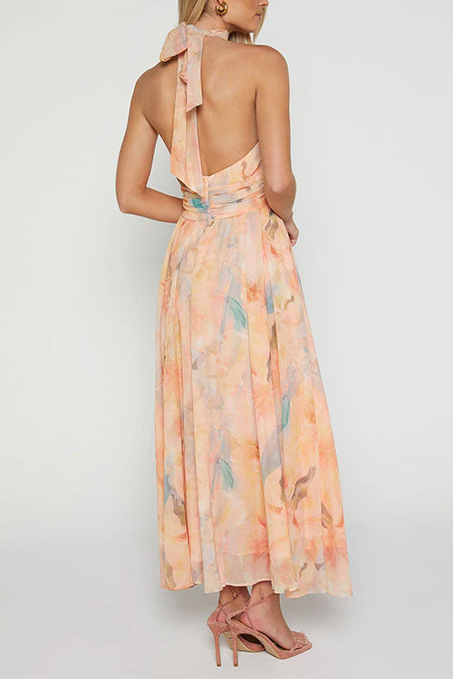 Heidi-Mode | Halter Bow Neck Backless Beck Print Swing Maxi Kleid