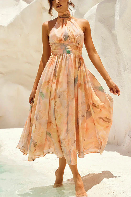 Heidi-Mode | Halter Bow Neck Backless Beck Print Swing Maxi Kleid - Image 6