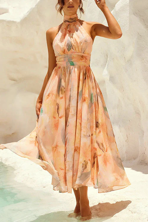 Heidi-Mode | Halter Bow Neck Backless Beck Print Swing Maxi Kleid - Image 7