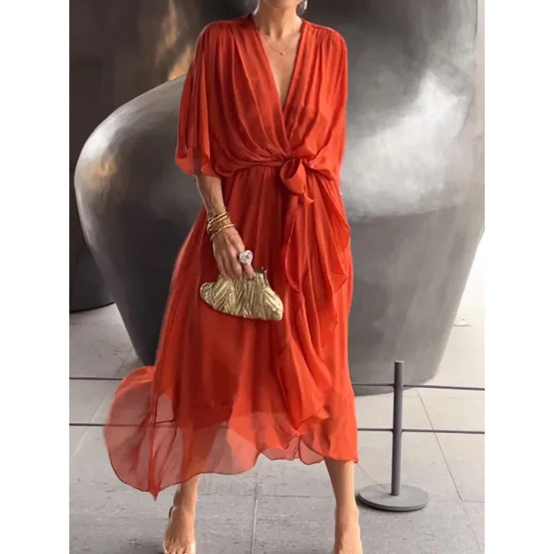 Heidi-Mode | Schnürung Batwing Ärmel Unregelmäßiges Kleid - Image 9