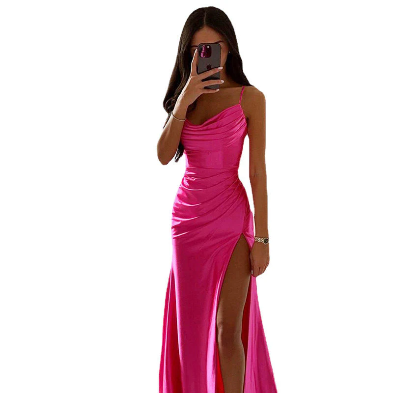 Heidi-Mode | Schnürung Falten Schlitz Satin Schmaler Schnitt Bodycon Kleid - Image 5