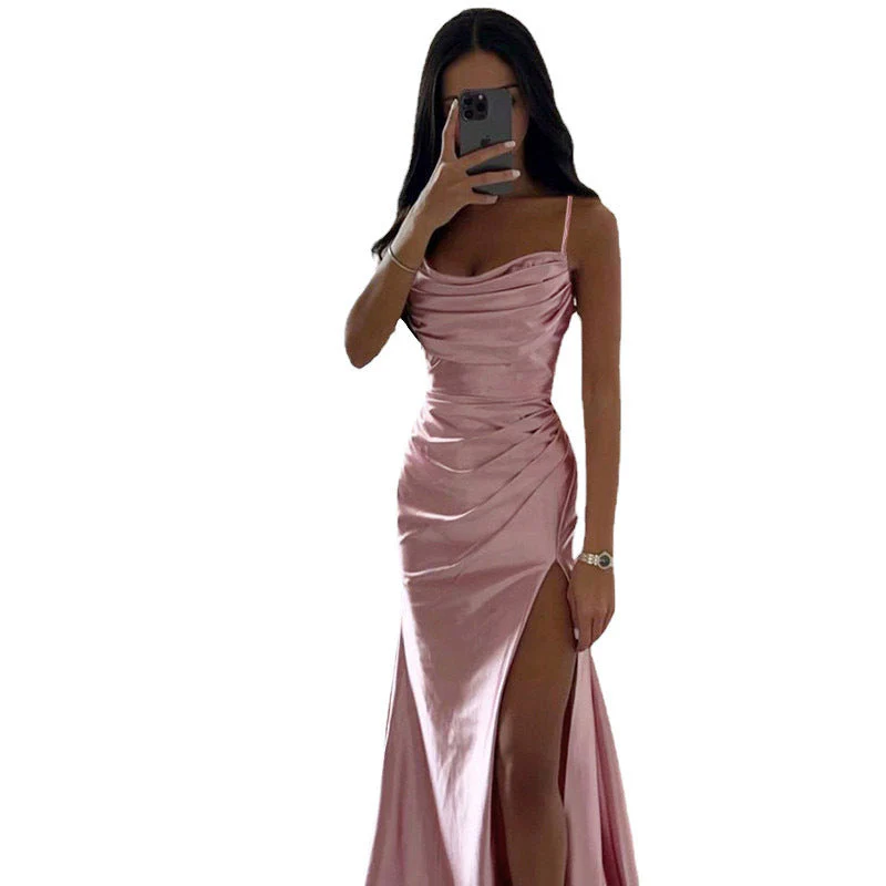 Heidi-Mode | Schnürung Falten Schlitz Satin Schmaler Schnitt Bodycon Kleid - Image 6