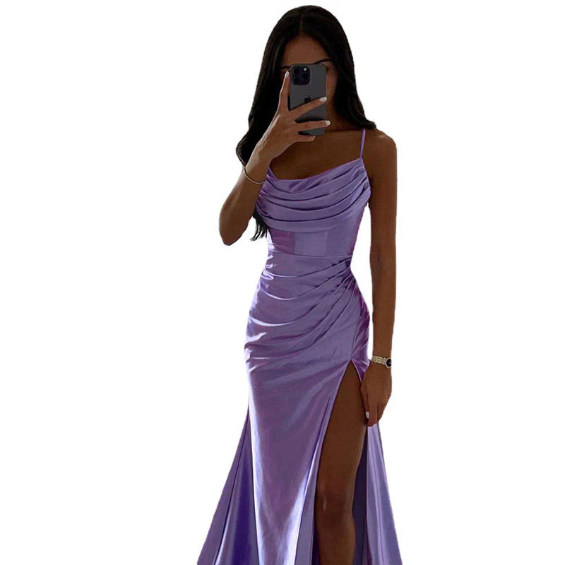 Heidi-Mode | Schnürung Falten Schlitz Satin Schmaler Schnitt Bodycon Kleid - Image 8