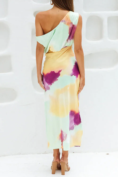 Heidi-Mode | Asymmetrisches Schulter Tailliertes Batik Schlitz Maxikleid