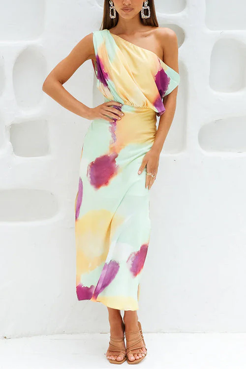 Heidi-Mode | Asymmetrisches Schulter Tailliertes Batik Schlitz Maxikleid - Image 8