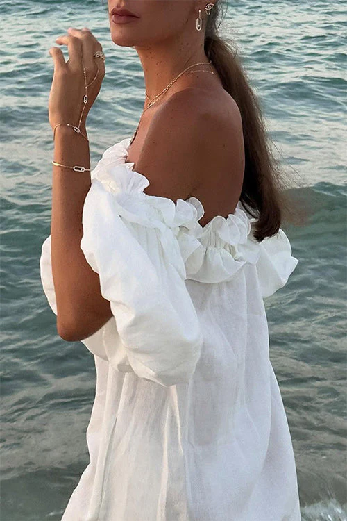 Heidi-Mode | Rosiedress Off Shoulder Rüsche Trim Schlitz Baumwolle Leinen Maxi Urlaub Kleid - Image 3