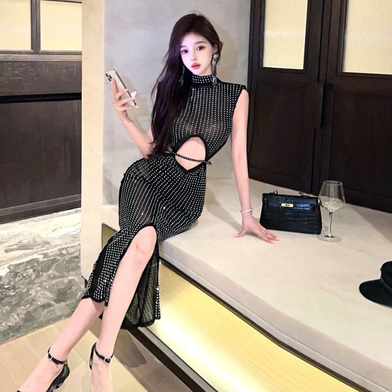 Heidi-Mode | Sexy Mesh Durchsichtig Strass Hollow Split Bodycon Kleid - Image 4