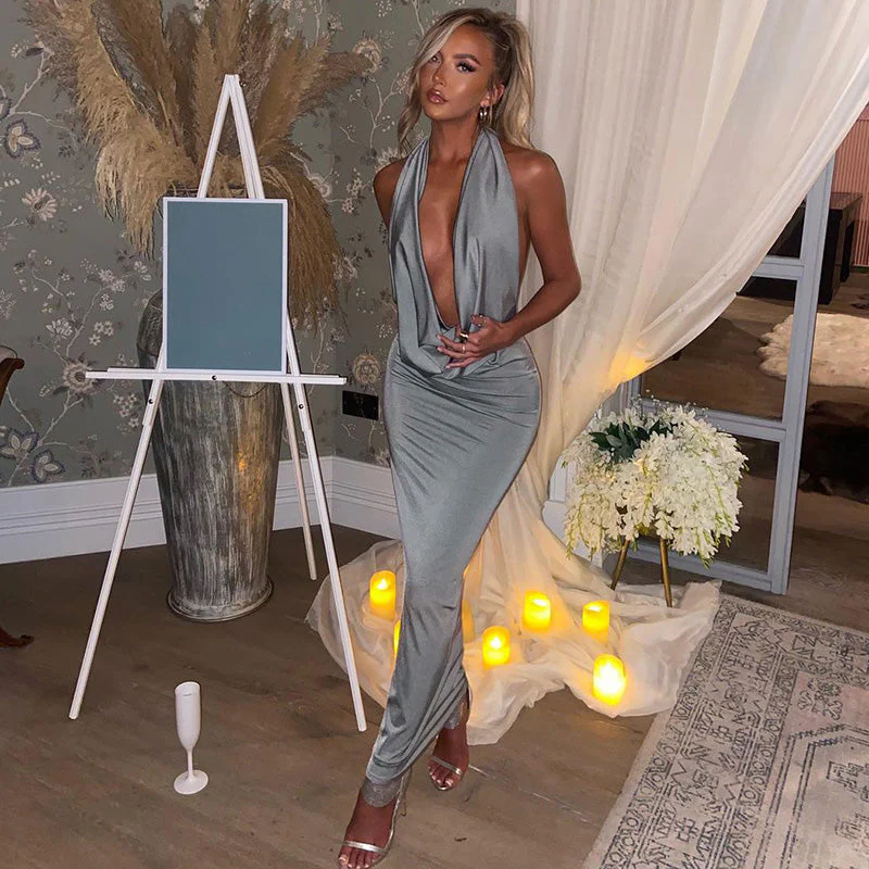 Heidi-Mode | Sexy Langes Kleid mit V-Ausschnitt und Halterneck für Frauen - Image 3