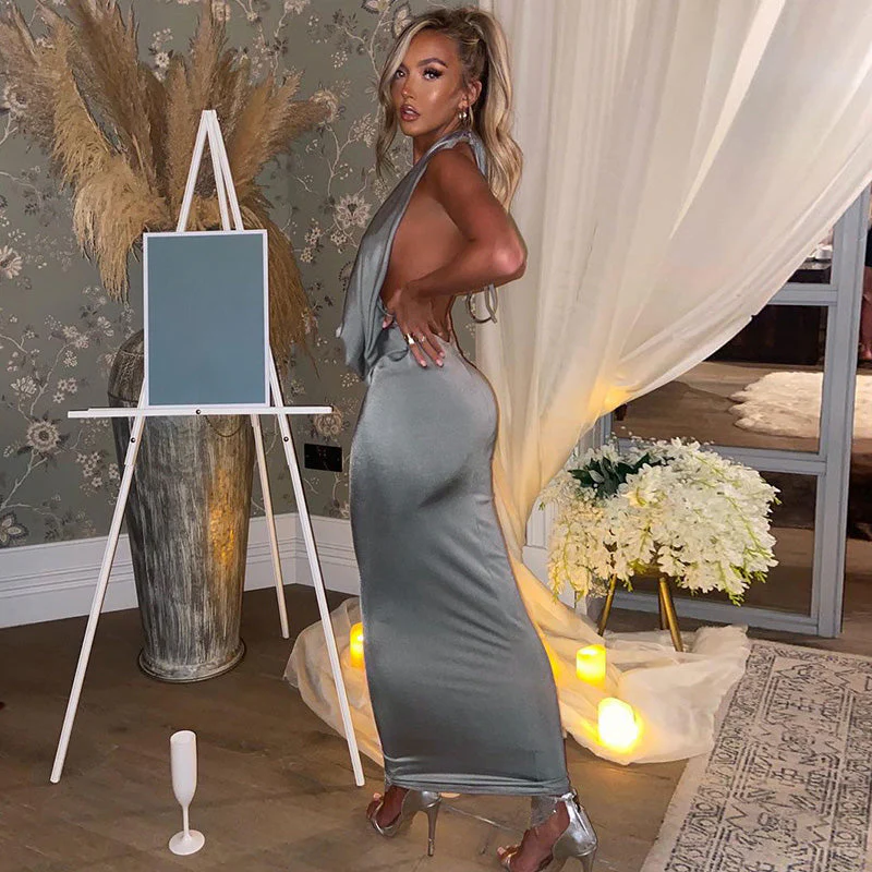 Heidi-Mode | Sexy Langes Kleid mit V-Ausschnitt und Halterneck für Frauen - Image 4