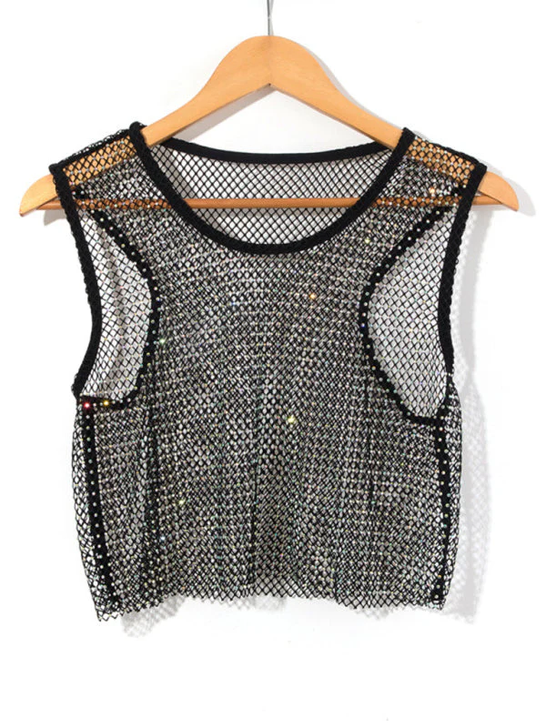 Heidi-Mode | Sexy Mesh Blitz Diamant Fischernetz Weste Nachtclub Perspektive Heißes Mädchen T-Shirt Top