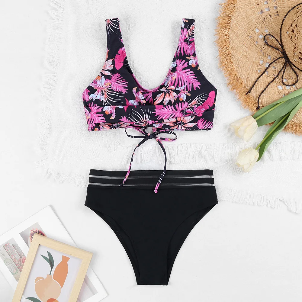 Heidi-Mode | Schnürung Hohe Taille Bikini Frauen Badebekleidung Frauen Badebekleidung Badeanzug Gepolstert Push-Up Blumen Badeanzug Frauen Bikini Set - Image 5