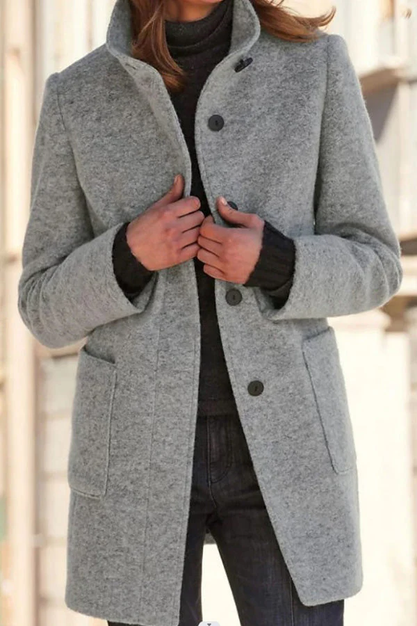 Heidi-Mode | Unifarbene Knopf Stehkragen Wolljacke - Image 4