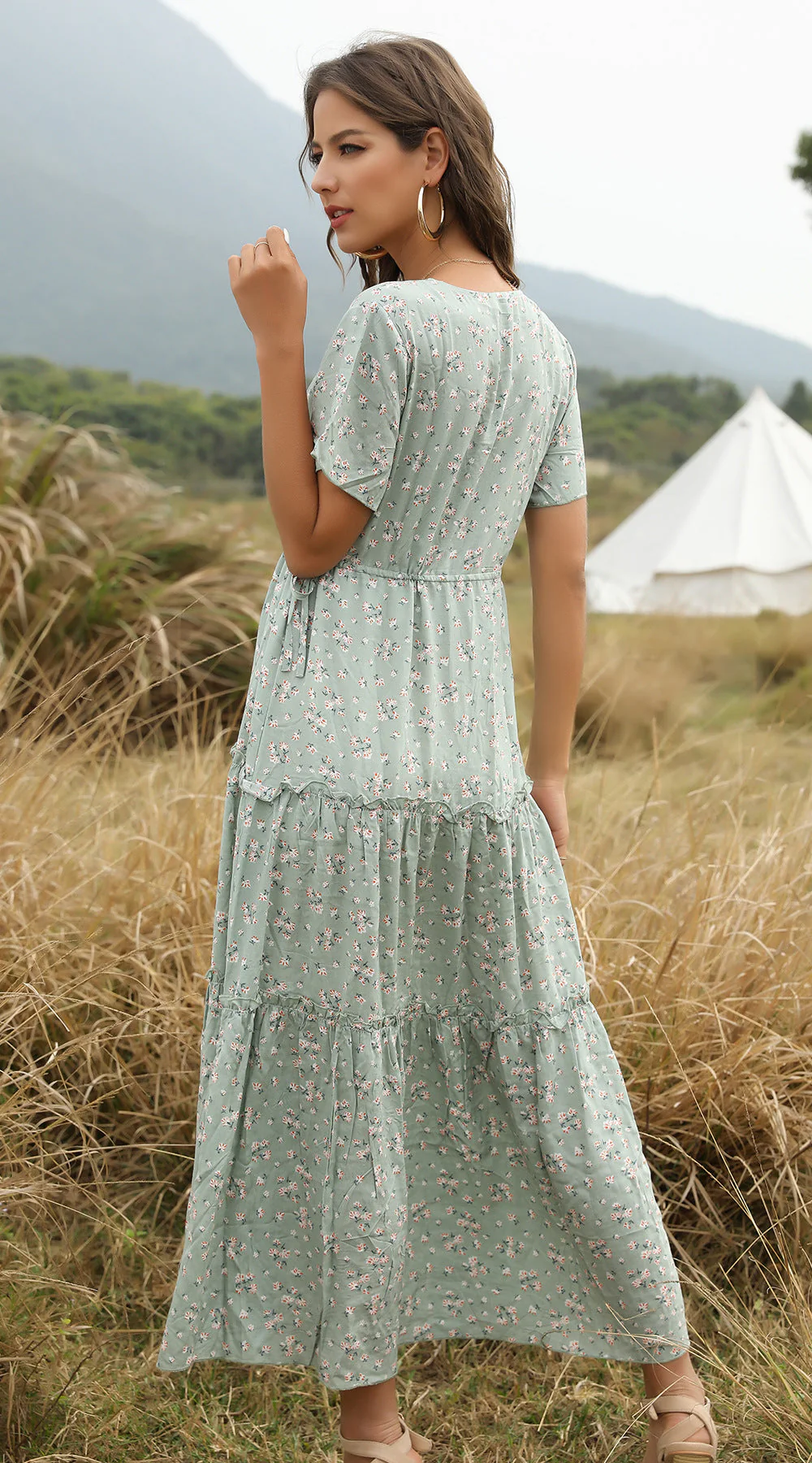 Heidi-Mode | Sommer Blumenmuster Rüschen Boho Maxi Kleid - Image 4