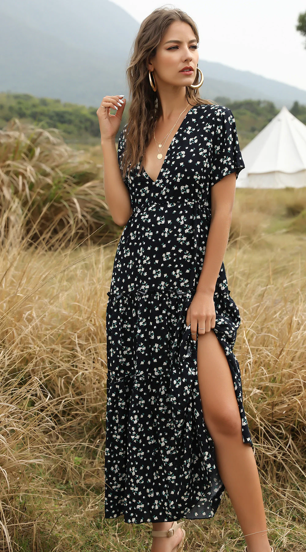 Heidi-Mode | Sommer Blumenmuster Rüschen Boho Maxi Kleid - Image 5