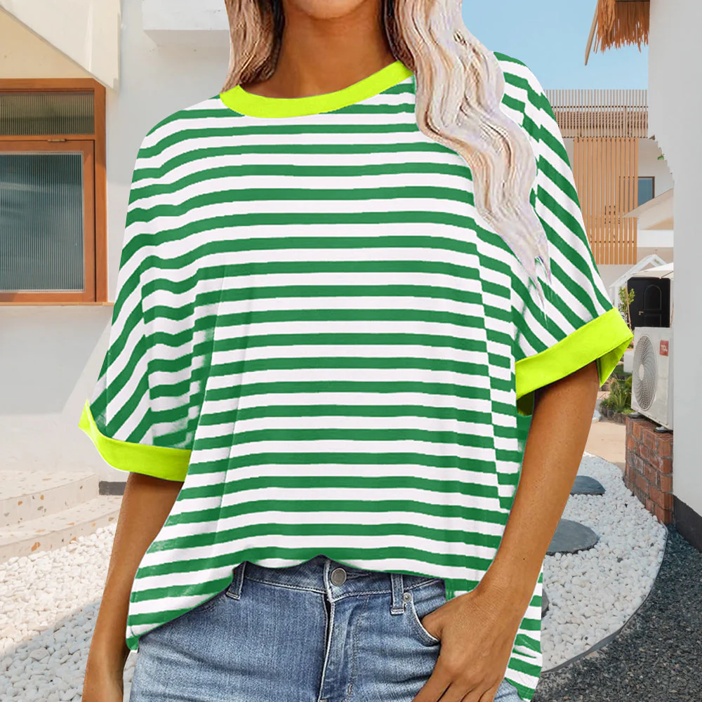Heidi-Mode | Sommer Damen Neue Einfache Gestreiften Rundhals Trendy Kurzen Ärmeln - Image 11