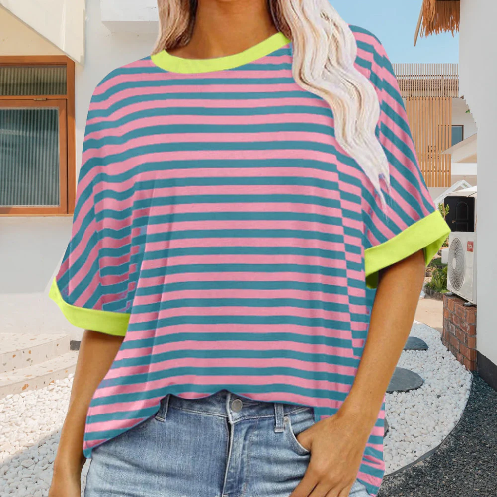 Heidi-Mode | Sommer Damen Neue Einfache Gestreiften Rundhals Trendy Kurzen Ärmeln - Image 12