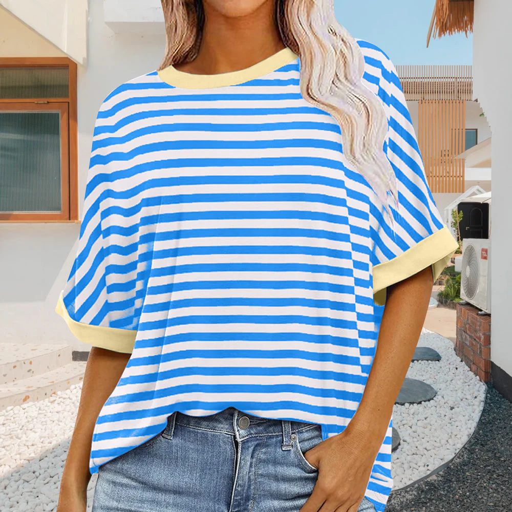 Heidi-Mode | Sommer Damen Neue Einfache Gestreiften Rundhals Trendy Kurzen Ärmeln - Image 5