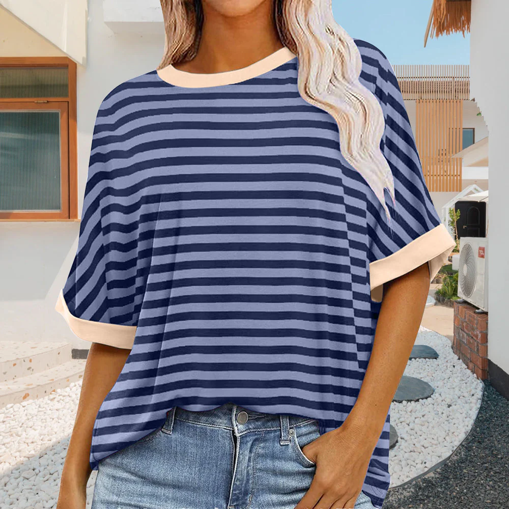 Heidi-Mode | Sommer Damen Neue Einfache Gestreiften Rundhals Trendy Kurzen Ärmeln - Image 6