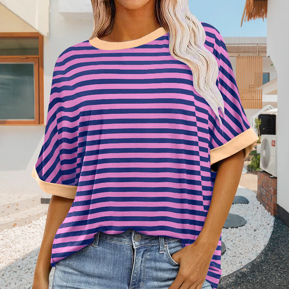 Heidi-Mode | Sommer Damen Neue Einfache Gestreiften Rundhals Trendy Kurzen Ärmeln - Image 9
