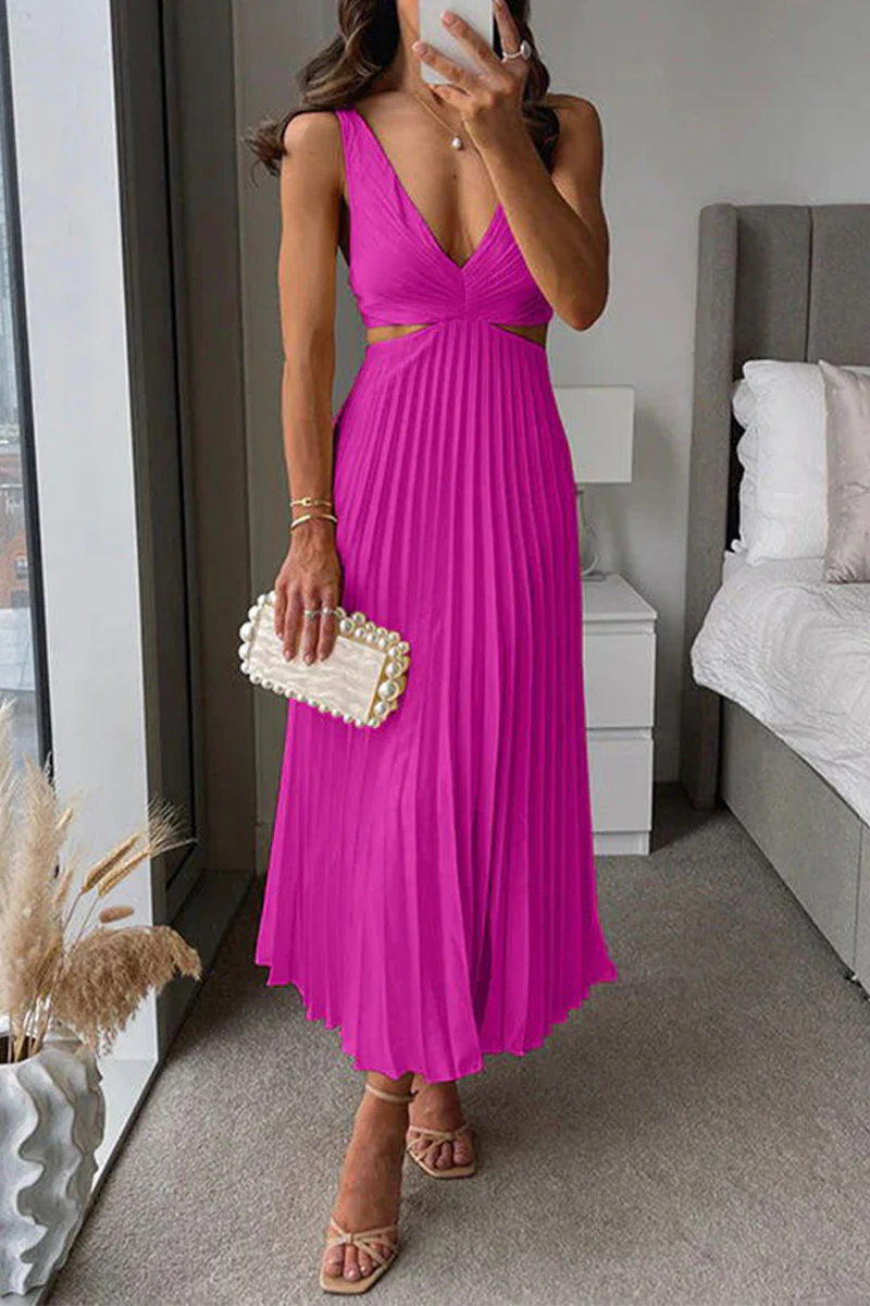 Heidi-Mode | Sommer Sozial Flecken Plissierter Cutout Taille Locker Midi - 6 Farben - Image 2