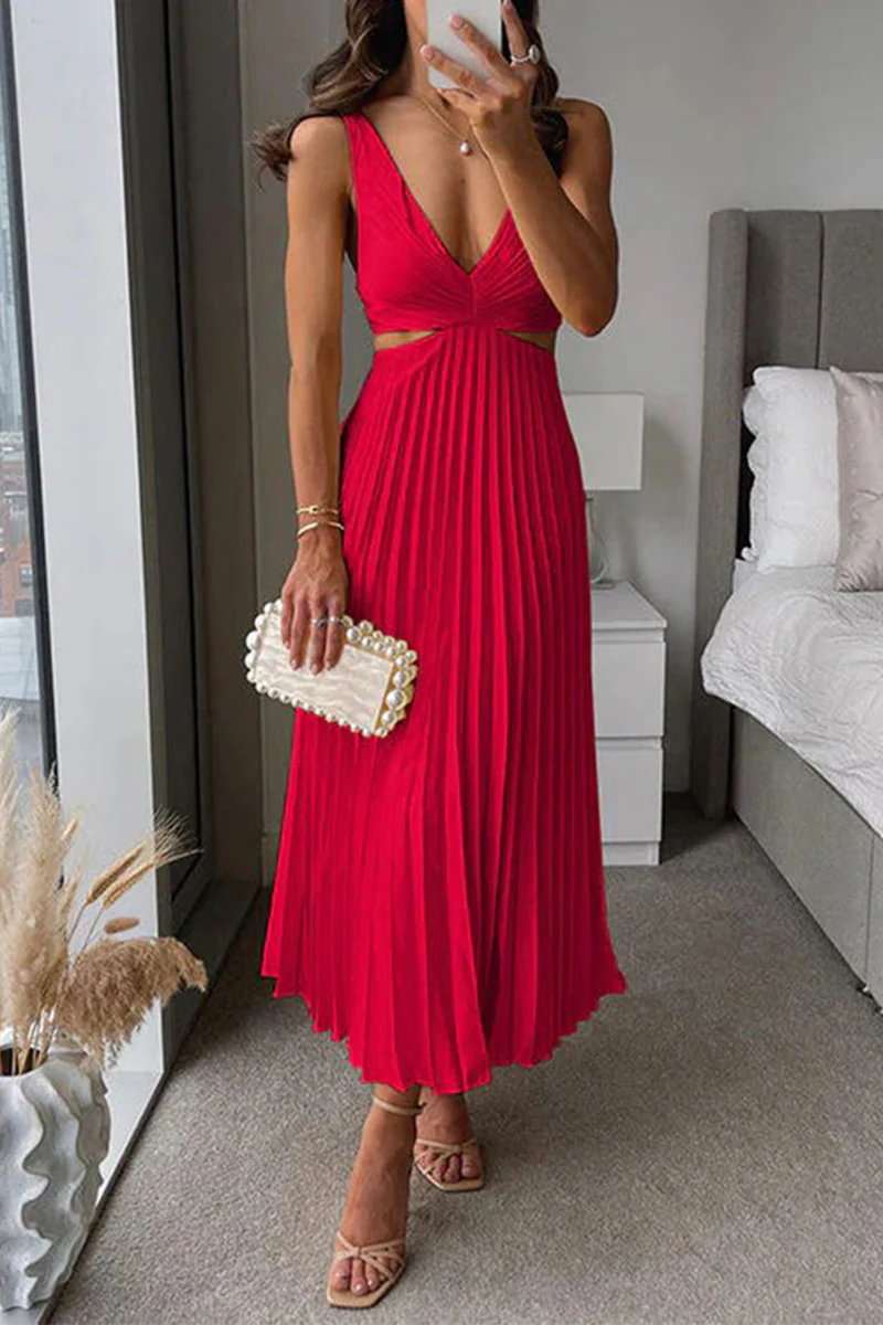 Heidi-Mode | Sommer Sozial Flecken Plissierter Cutout Taille Locker Midi - 6 Farben - Image 4