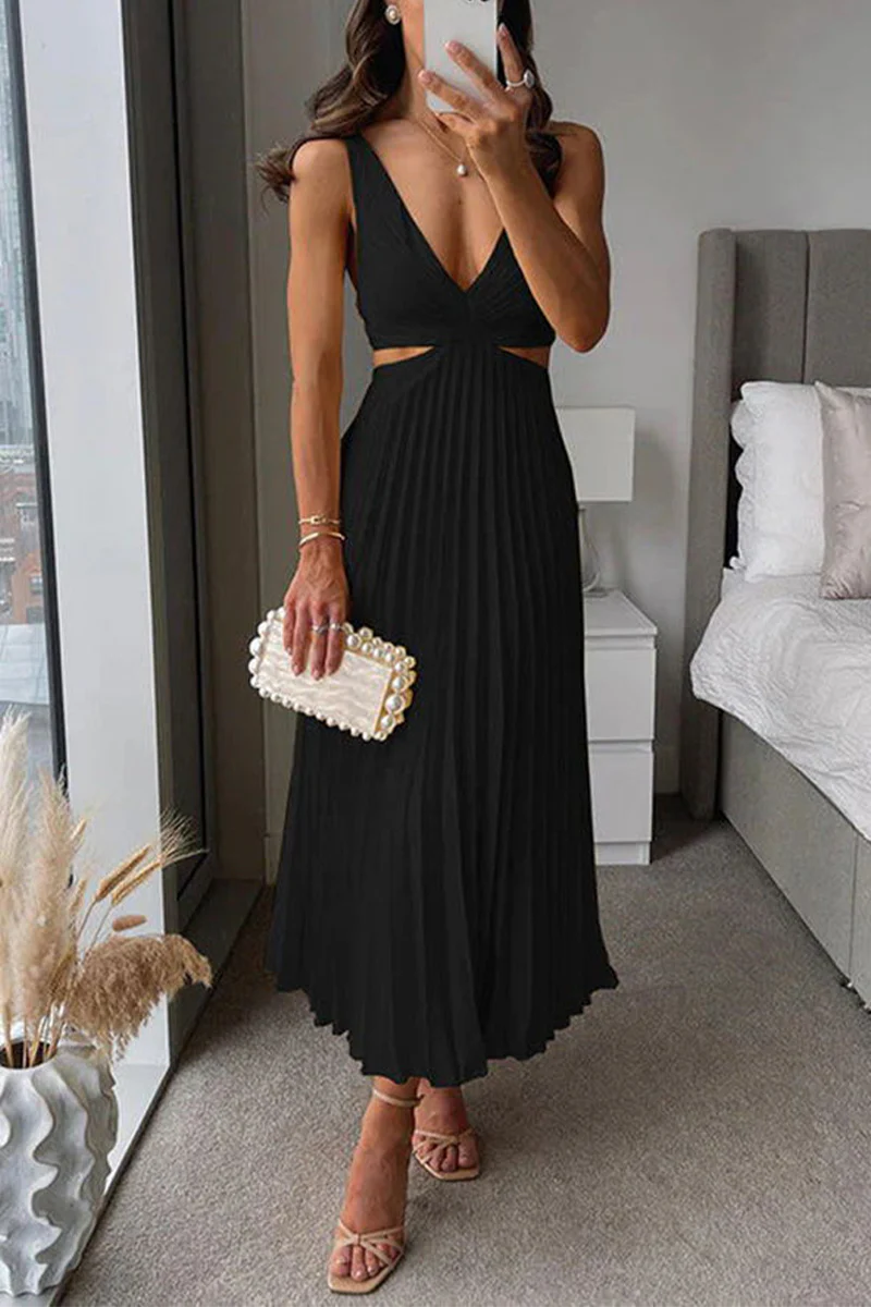 Heidi-Mode | Sommer Sozial Flecken Plissierter Cutout Taille Locker Midi - 6 Farben - Image 6