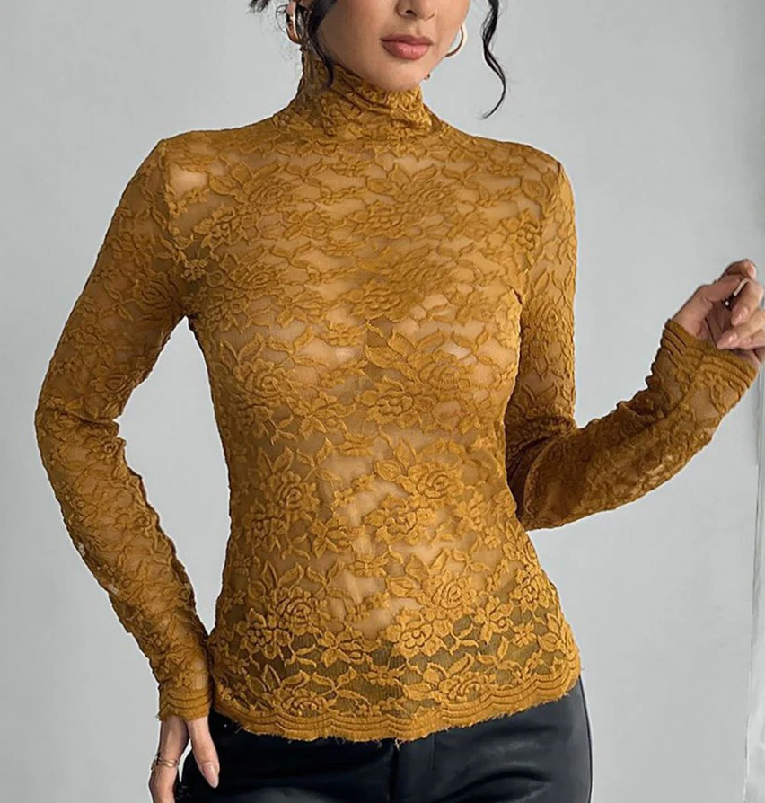 Heidi-Mode | Spitze Langarm Dehnbarem Rollkragen T-Shirt - Image 10