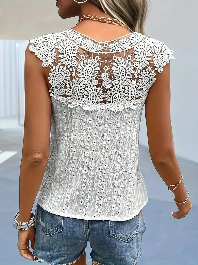Heidi-Mode | Spitzenshirt Vintage Elegantes Ärmelloses V-Ausschnitt Damen Sommer T-Shirt - Image 3