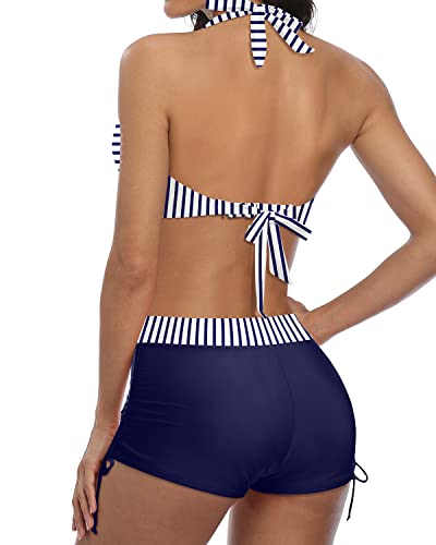 Heidi-Mode | Sportlicher Zweiteiler Badeanzug mit Push Up Bikini und Boyshort Blau Weiß Gestreift