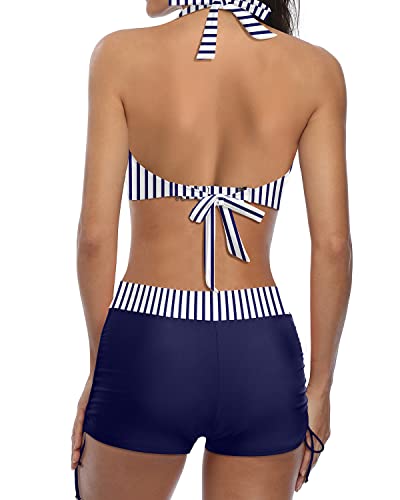 Heidi-Mode | Sportlicher Zweiteiler Badeanzug mit Push Up Bikini und Boyshort Blau Weiß Gestreift - Image 3