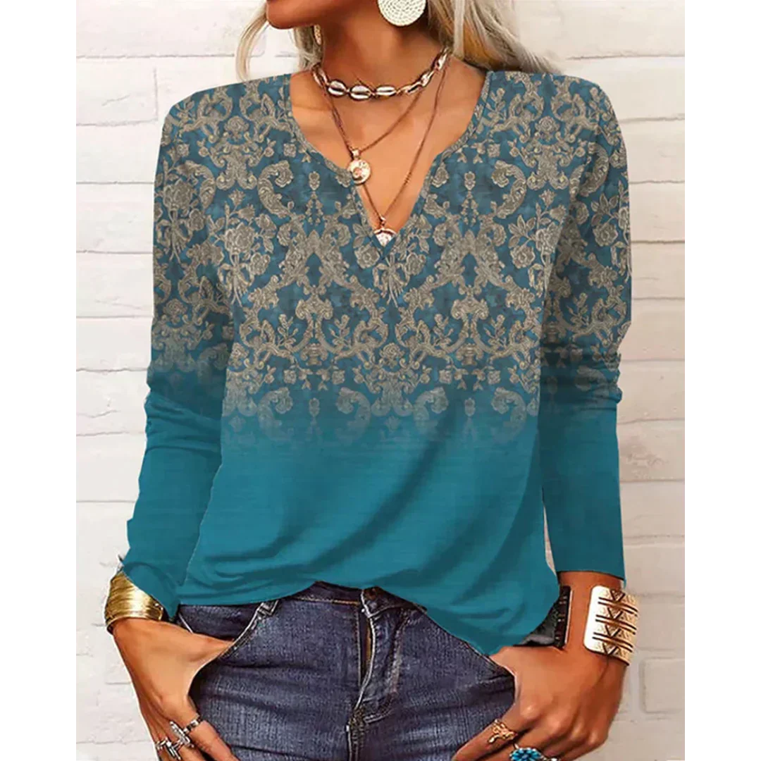 Heidi-Mode | Stil V-Hals-Bluse mit Langen Ärmeln - Buntes Blumenmuster-Design für Damen - Image 2