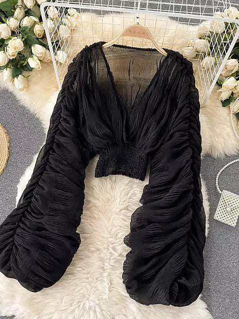 Heidi-Mode | Elegantes Chiffon V-Leder Puff Lange Ärmel Kurze Tops - Image 9
