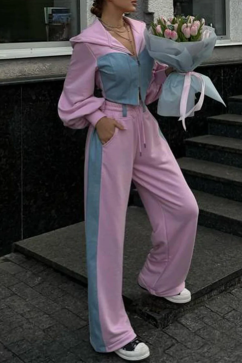 Heidi-Mode | Street Sportswear Patchwork Reißverschluss Kontrast Kapuzen Langarm Zwei Teile - 3 Farben - Image 5