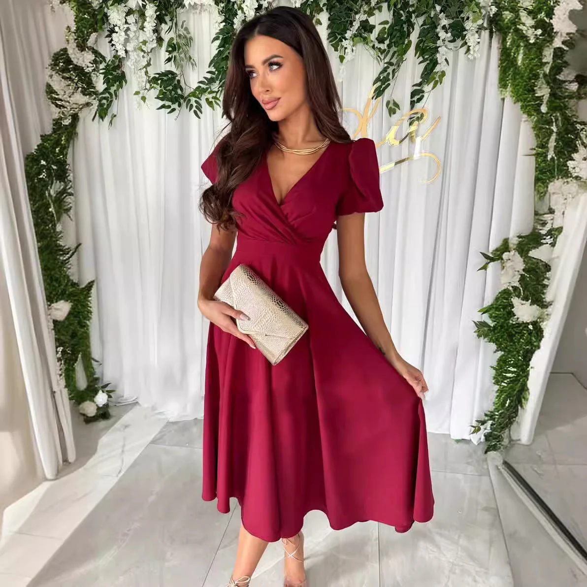 Heidi-Mode | Stylisches Pendeln Unifarbe V-Ausschnitt Puffärmel Kleid - Image 2